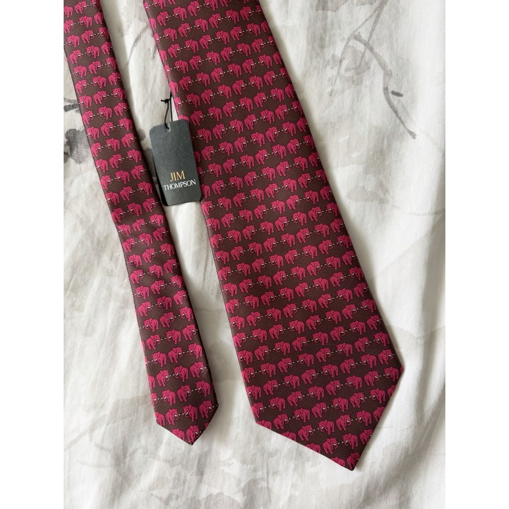 Jim Thompson Brown Pink Elephant Motif Pattern Print 100% Silk Tie Made Thailand